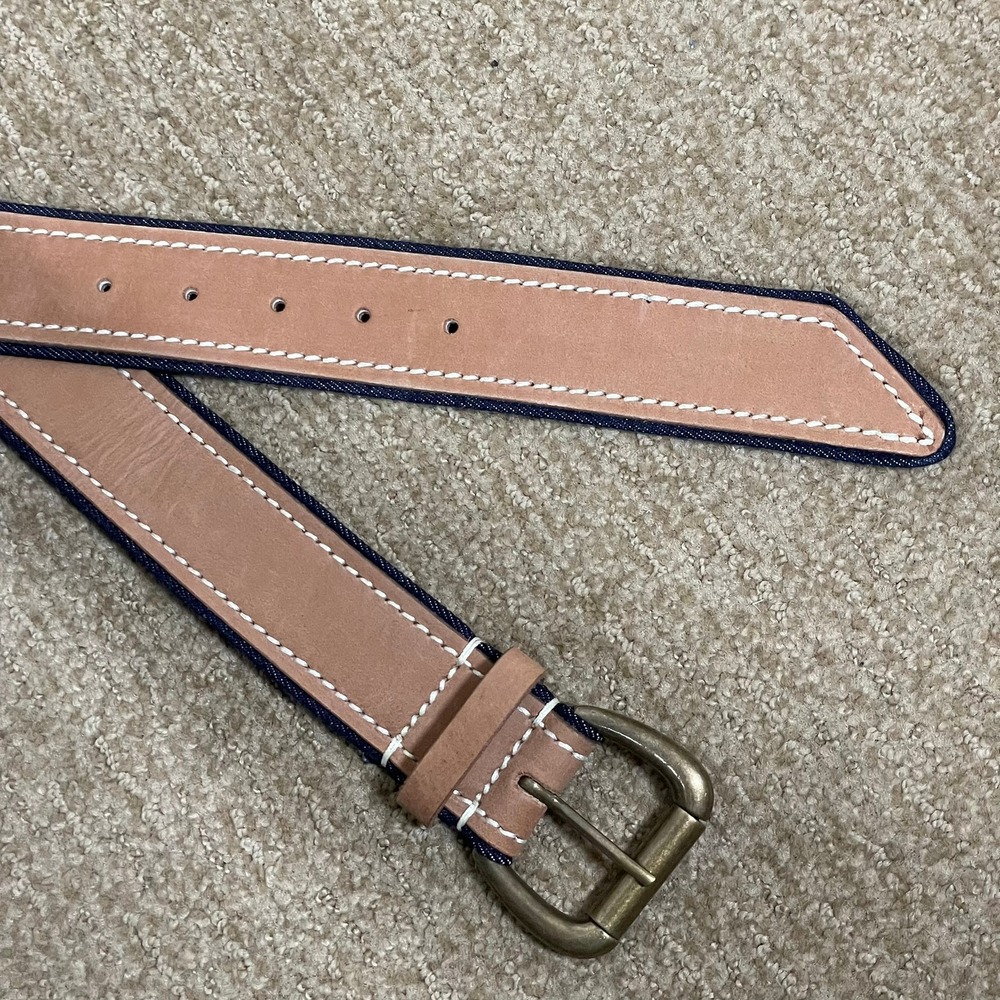 Lucky Brand Leather Denim Belt Mens 38 Tan Blue BKMF2501 Americana Workwear 4501 - Picture 4 of 6